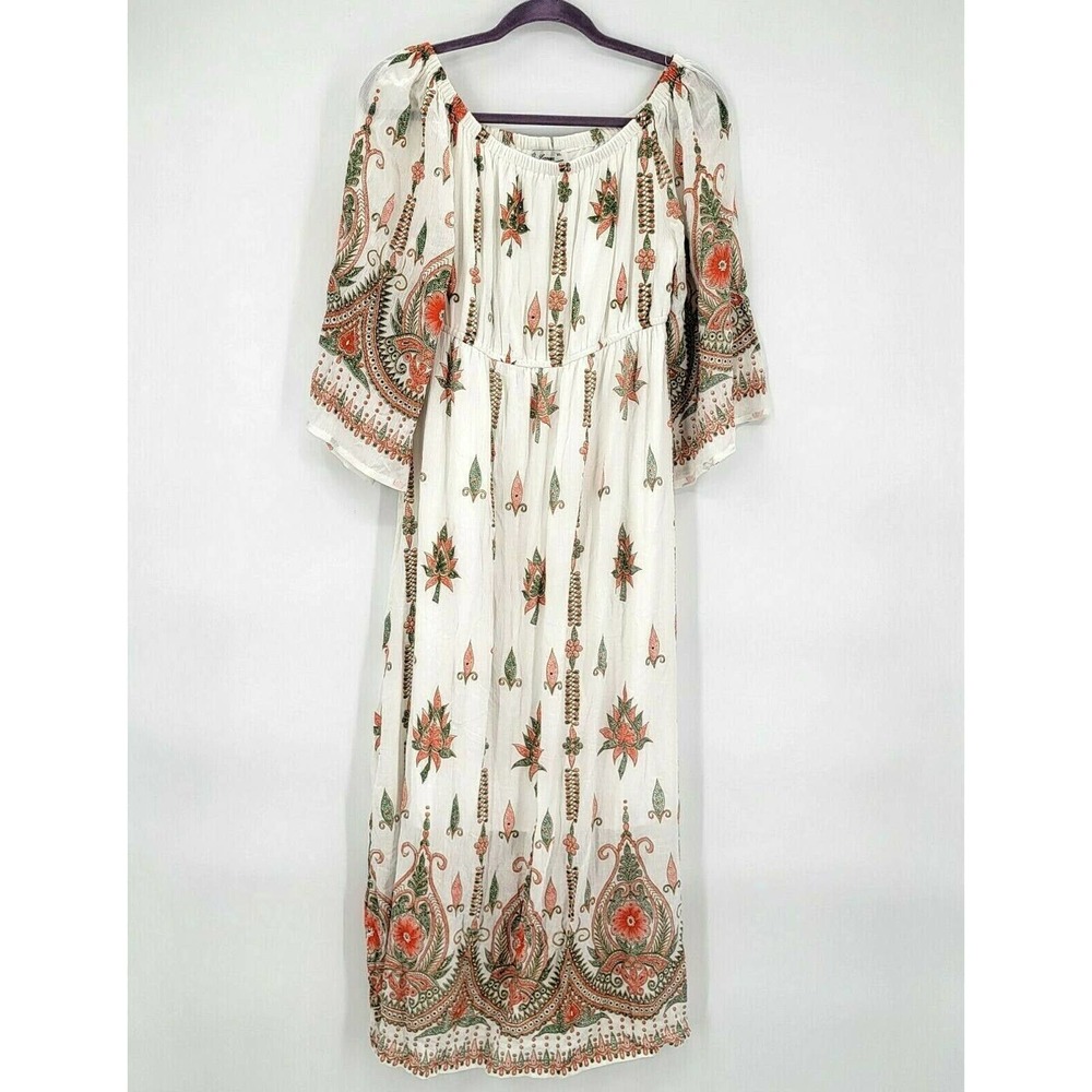 Lapogee Women's XL Boho Maxi Dress Mumu Bell 3/4 Sleeve Floral Frame Beach